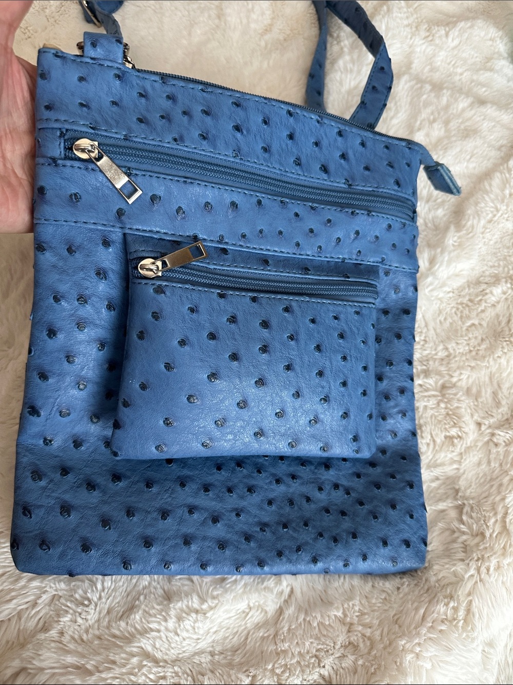 Textured Blue Faux-Ostrich Crossbody with Front Zip Pockets